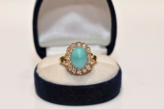Perfect Old Vintage 18k Gold Natural Diamond And Turquoise Ring