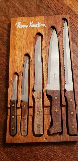 Pierre Santini Knife Set Of 5.  Wood Wall Hanging Cased Knives 3.  5 " To 10” Blades