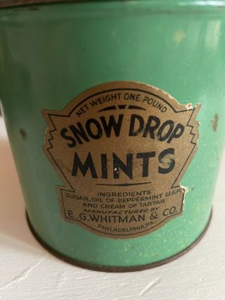 Vintage Eg Whitman Snow Drop Mints Tin Canister - Great Color And Patina