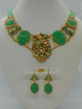 Askew London Peking Glass,  Flower And Leaf Linked Necklace And Drop Earrings