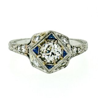 Antique Art Deco Platinum.  67ct European Diamond Etched Filigree Engagement Ring