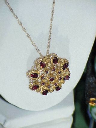 Antique 14k 4.  00ct Garnet Brooch Pin Pendant Necklace & Chain Yellow Gold 16.  Gr 4