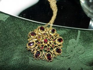Antique 14k 4.  00ct Garnet Brooch Pin Pendant Necklace & Chain Yellow Gold 16.  Gr 6