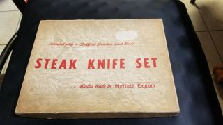 Vtg Sheffield Crown Crest Steak Knife Set Steel Blade Faux Stag Handle W/ Box Uk