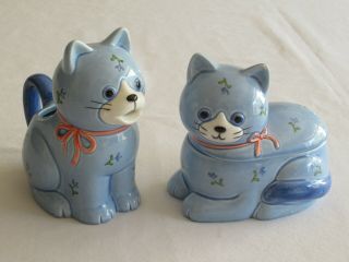 Read Vintage Otagiri Japan Ceramic 2 Blue Floral Cats Creamer Sugar Container