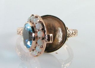 Lush 9k 9ct Rose Gold Blue Topaz Opal Locket Poison Art Deco Ins Ring Size