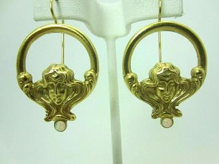 Vintage Antique 14k Yellow Gold Opal Earrings Art Nouveau