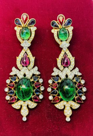 Spectacular Large Trifari Alfred Philippe Jewels India Moghul Drop Earrings Rare