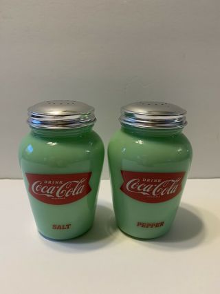 Jadeite Coca Cola Salt & Pepper Shakers Large Stove Top Size