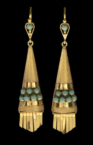 Antique Art Deco Etruscan Revival 14k Gold Turquoise Earrings C.  1920