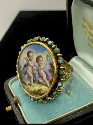 Massive French Victorian 14k Yellow Gold Hand Painted Cherub Porcelain Ring.