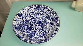 The Golden Rabbit Enamelware 13 Inch Cobalt Blue White Pasta Salad Bowl
