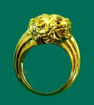 Vintage 70 ' s Ilias Lalaounis Gold and Diamond Twin Lion Heads Heavy Ring size 6 3