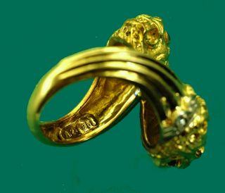 Vintage 70 ' s Ilias Lalaounis Gold and Diamond Twin Lion Heads Heavy Ring size 6 6