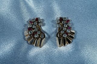 Antique Retro French 18k Gold Old Cut Diamonds Rubies Clip Earrings