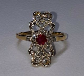 Antique 18 K Yellow,  White Gold,  French,  Art Deco,  Ruby And Diamond Ring