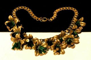 Rare Vintage Miriam Haskell Brass Bookchain Dangle Flowers Green Glass Necklace