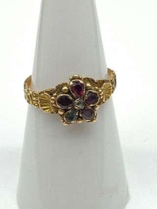 Fine Antique Georgian 18 Carat Gold & Gemstone Pansy Regard Love Token Ring