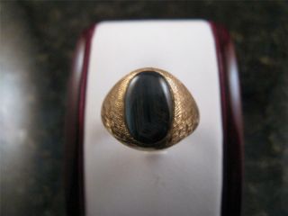 Vintage 14k Solid Yellow Gold Natural Black Sapphire Ring With Florentine Sides