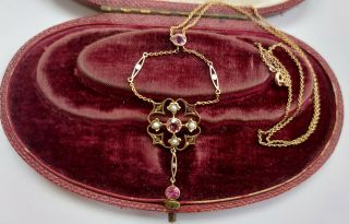 A Art Nouveau Pink Tourmaline Seed Pearl Pendant & Chain In 9ct Yellow