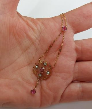 A Art Nouveau Pink Tourmaline Seed Pearl Pendant & Chain In 9ct Yellow 2