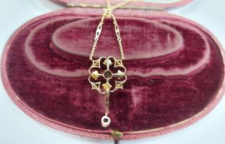 A Art Nouveau Pink Tourmaline Seed Pearl Pendant & Chain In 9ct Yellow 3
