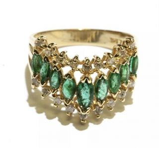 Vintage Bh Effy 14k Yellow Gold Natural Emerald & Diamond Marquis Cocktail Ring