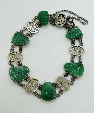 Antique Chinese Sterling Silver Carved Green Jade Buddha Bracelet