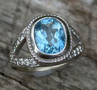 Vintage Penny Preville 18k White Gold Aquamarine And Diamond Ring,  6.  7g 0.  22tccw