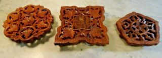 Vintage Carved Wood Plant Stand / Coaster Trivet Set Of Three (3) Made In India