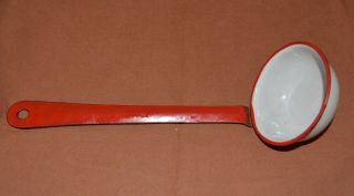 Vtg Porcelain Enamel Ware Water Dipper White & Red 10” Long Scoop Ladle