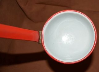 vtg Porcelain Enamel Ware Water Dipper White & Red 10” Long Scoop Ladle 3