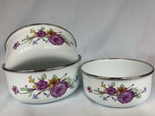Vintage Kobe Enamel Mixing Bowls Set Of 3 Purple Flowers Nesting Bowls