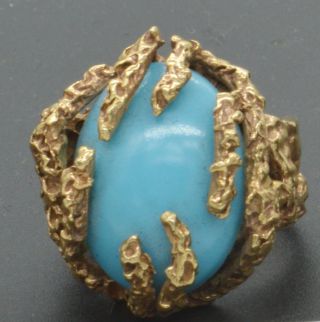 Vintage 14k Gold Mid - Century Nugget Turquoise Ring (r392)
