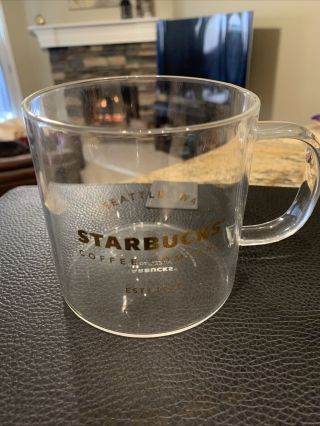 Starbucks Mug: Clear Glass Mug Gold Lettering Seattle Coffee Cup 18oz