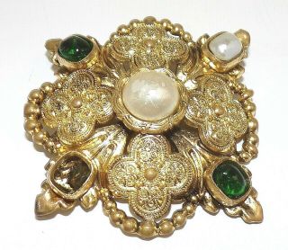 Vintage 1984 Chanel Cc Gold Tone Gripoix Stone Pearls Brooch/pin/pendant