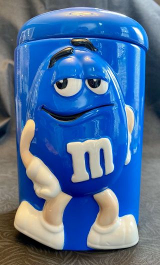 M&m Collectible Blue Ceramic Candy Or Cookie Jar Euc
