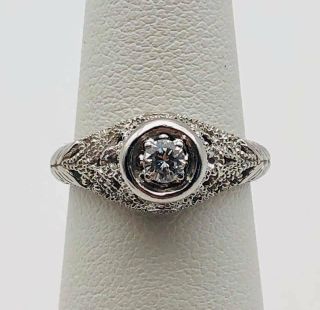 Art Deco Solid 14k White Gold Filigree 0.  20 Ct Diamond Engagement Ring