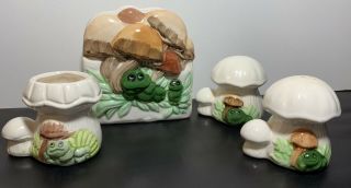 Vtg Frog And Mushroom Ceramic Set Napkin Holder/salt & Pepper/toothpick Holder
