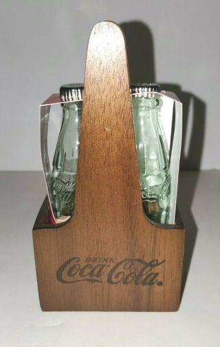 Coca Cola Coke Soda Mini Glass Bottle Salt & Pepper Shaker Set In Wooden Caddy