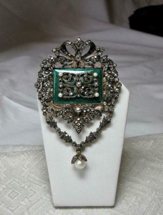 3ct Rose Cut Diamond Pearl Enamel Silver Top 19k Gold Pendant Necklace Spanish