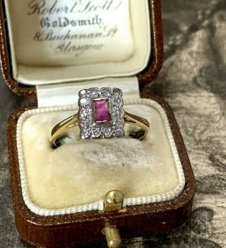 Art Deco Old Cut Diamond Emerald Cut Ruby Cluster Ring Circa 1920 