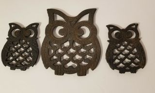 3 Vintage Metal Cast Iron Owl Trivets - Hg65