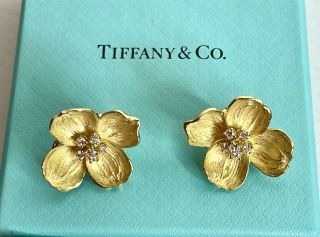 18k Tiffany & Co.  Dogwood Yellow Gold Diamond Clip - On Non - Pierced Earrings