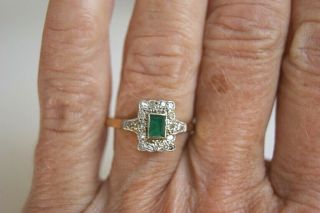 Vintage Art Deco 18 Ct Gold & Plat Rectangular Emerald & Old Cut Diamond Ring