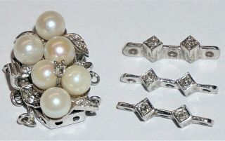 Vintage 14k White Gold Diamond & Pearls Clasp W/ Spacers 3 Strand Bracelet 10gr
