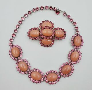 Vintage Christian Dior By Kramer Pink Glass & Rhinestone 16 " Necklace & Brooch