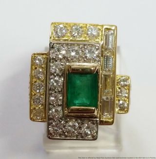 Geometric Platinum & 18k Gold 1.  75ctw Fine Diamond Natural 0.  92ct Emerald Ring