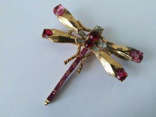 Signed Crown Trifari Vintage Sterling And Rhinestone Gold Tone Dragonfly Brooch