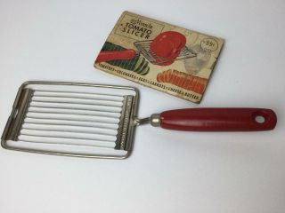 Vintage Ekco Miracle Tomato Slicer Red Wood Handle with Hole for Hanging 2